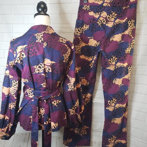 Bold & Beautiful D'iyanu Purple African Print Pant Suit womens M Wrap Blazer - Picture 3 of 12